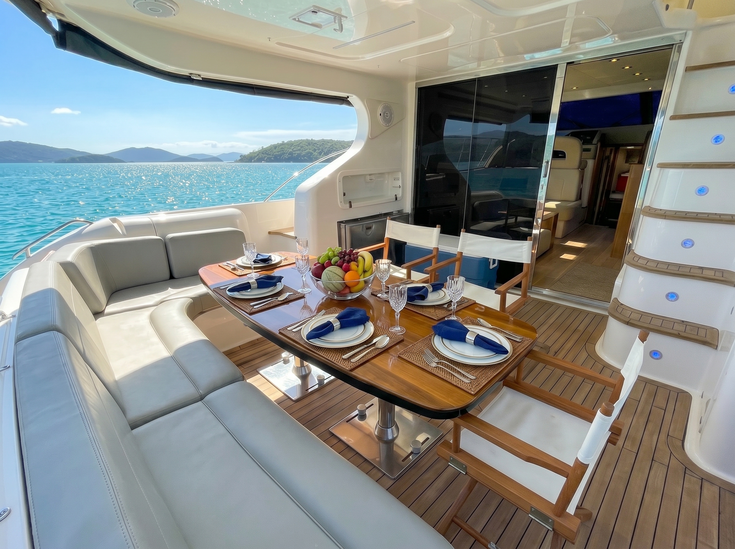 Cockpit com mesa posta e vista para o mar