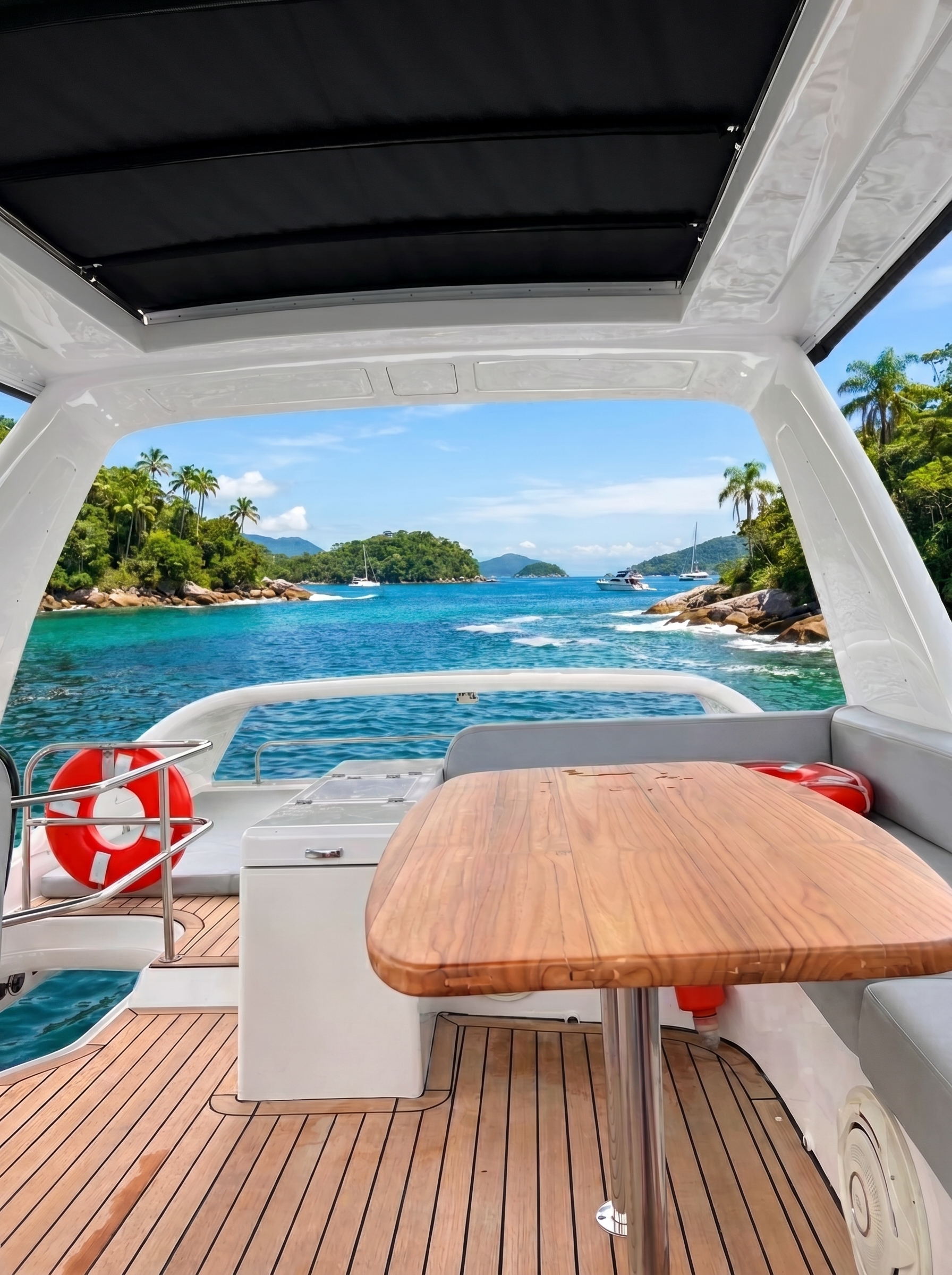 Flybridge com hard top e mesa em madeira