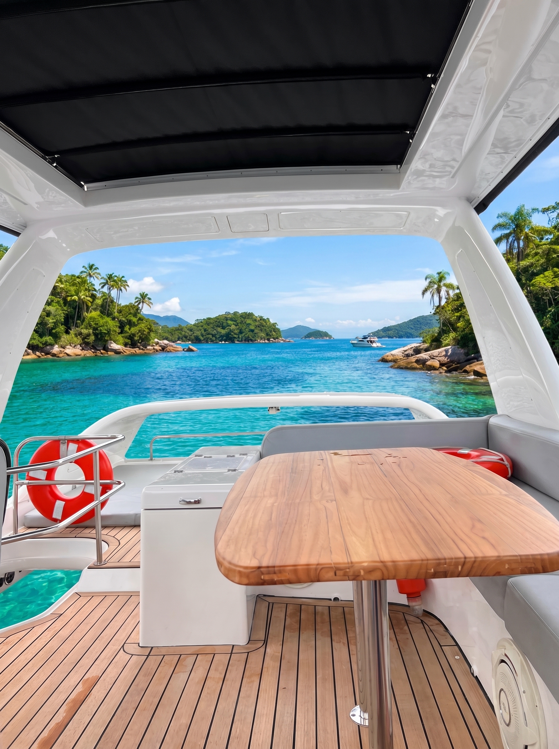 Flybridge com vista para uma enseada tropical